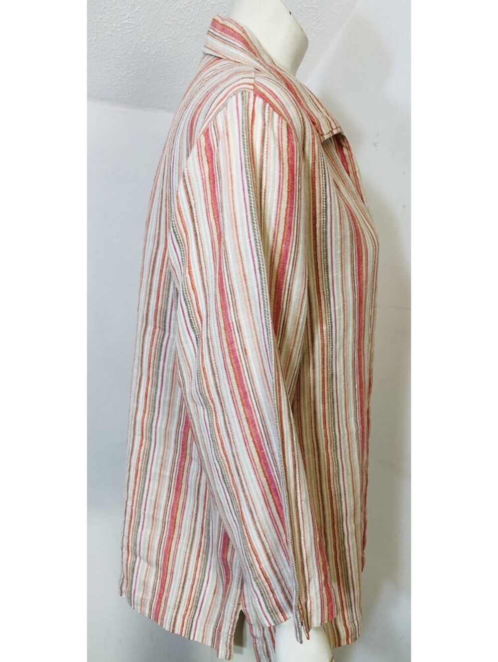JM Collection Womens 16 Linen Blouse Multicolor Stripe 3/4 Sleeves Collar - Picture 3 of 8